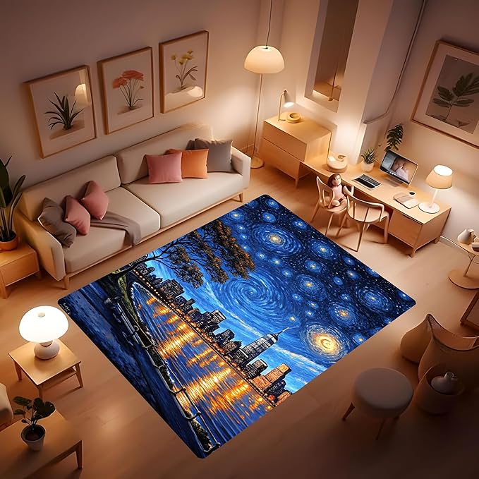 Machine Washable 5' x 8' Oil Painting-Style Area Rug, Bule Floor mat, Suitable for bedrooms, Girls' Room Bedside, Living Room, Dining Room, Office, Non-Slip Low-Pile Stars and Swirls Carpet