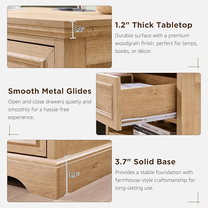 ACCOHOHO 24" Farmhouse Nightstand Set of 2 with Charging Station, 2 Drawers Large Bedside Table with Open Shelf, Rustic End Table for Bedroom - Natural Oak