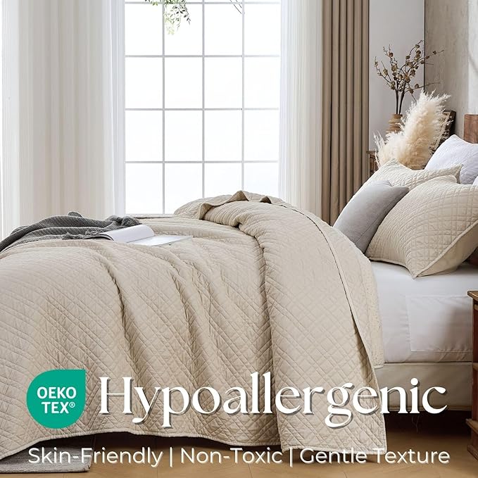DOWN HOME Twin Quilt Set with Sham Lightweight Quilted Bedspread Coverlet Thin Comforter Bed Cover Vintage Washed Quilted Blanket for All Season, Brushed Microfiber Diamond Stitching, Beige, 66"x92"