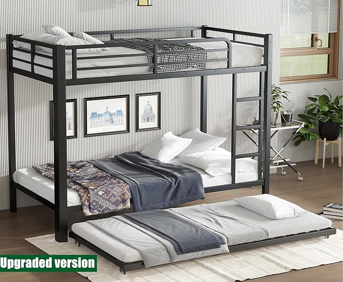 Higher Quality & Stronger Metal Bunk Bed Twin XL Over Twin XL Size Bunkbed Frame, Thickened Heavy Duty More Stable Steel Bunk Bed with Twin Size Trundle