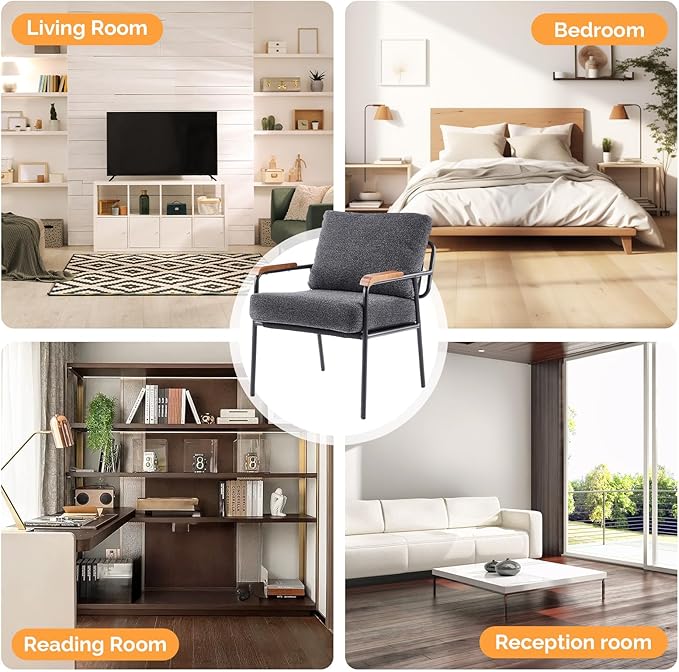 VINGLI Mid-Century Modern Accent Armchiar for Small Space, Small Comfy Upholstered Leisure Reading Chair with Wood Armrest for Bedroom, Living Room, Waiting Room, Linen Grey