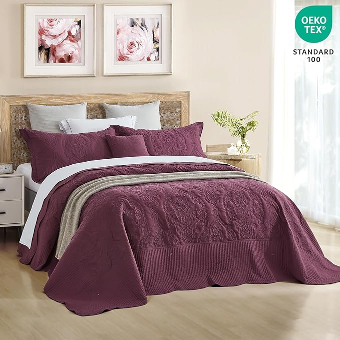 CHIXIN Bedspread Coverlet Set Queen Size - Lightweight Bedding Cover - Beautiful Stitching - 5 Piece Reversible Bedspread - Gorgeous Damask Paisley Pattern (Queen, Purple)