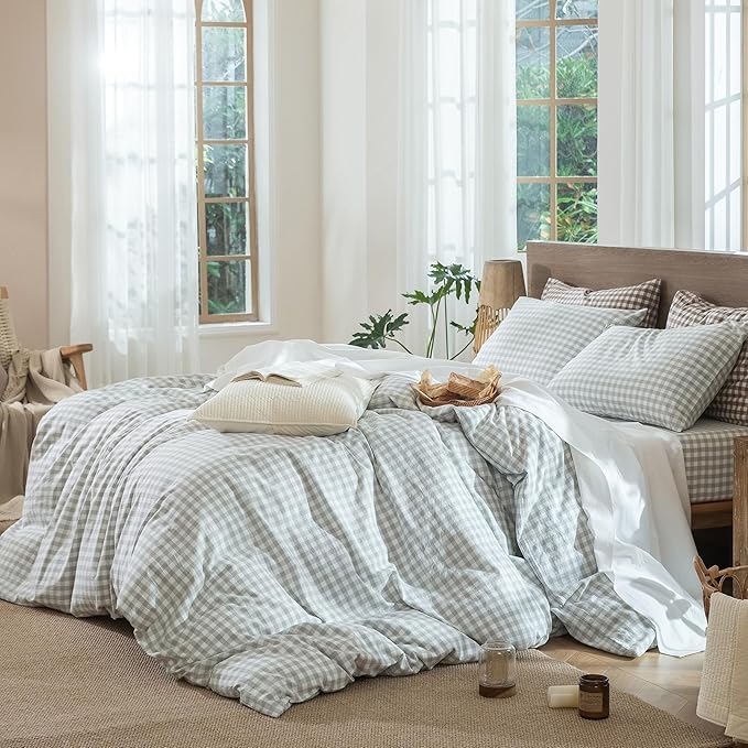 MooMee Gingham Duvet Cover Set 100% Washed Cotton Linen Like Textured Breathable Durable Soft Comfy Modern Checkered Design (Northern Droplet Grey Gingham, Queen 90"x90")