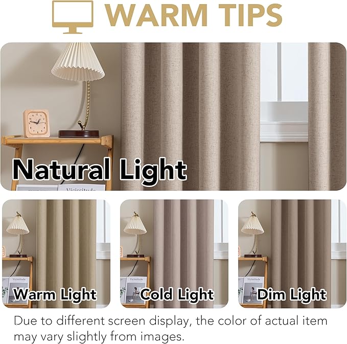 H.VERSAILTEX Linen Curtains 100% Blackout Curtains for Bedroom 96 inch Long Full Light Blocking Nature Linen Blended Window Curtains for Living Room Nickel Grommet (2 Panels, Heathered Sand)