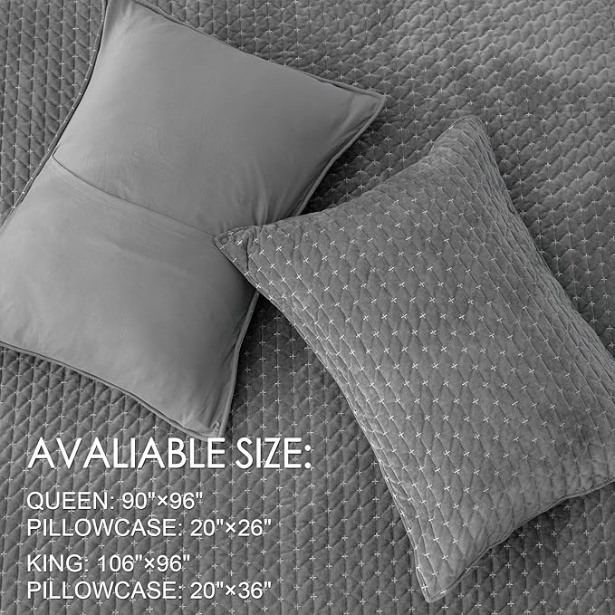Powdion Velvet Quilt King Size, Oversized Bedspread Quilted Bedding Set, Luxurious Soft Coverlet Set Lightweight Velvet Comforter for All Season with 2 Pillow Shams, 96x106 Striped Quilt Set Gray