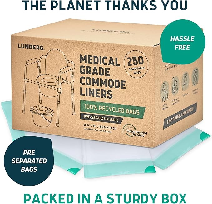 Lunderg Recycled Commode Liners - 250 Environment Friendly Portable Toilet Bags - Medical Grade Bedside Commode Liners Disposable - Universal Fit & Easy to Use - Absorbent Pads NOT included