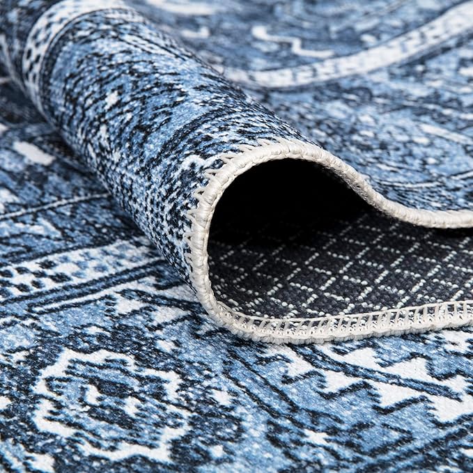 Bloom Rugs Washable Non-Slip 5' x 7' Rug - Blue Traditional Area Rug for Living Room, Bedroom, Dining Room, and Kitchen - Exact Size: 5' x 7'