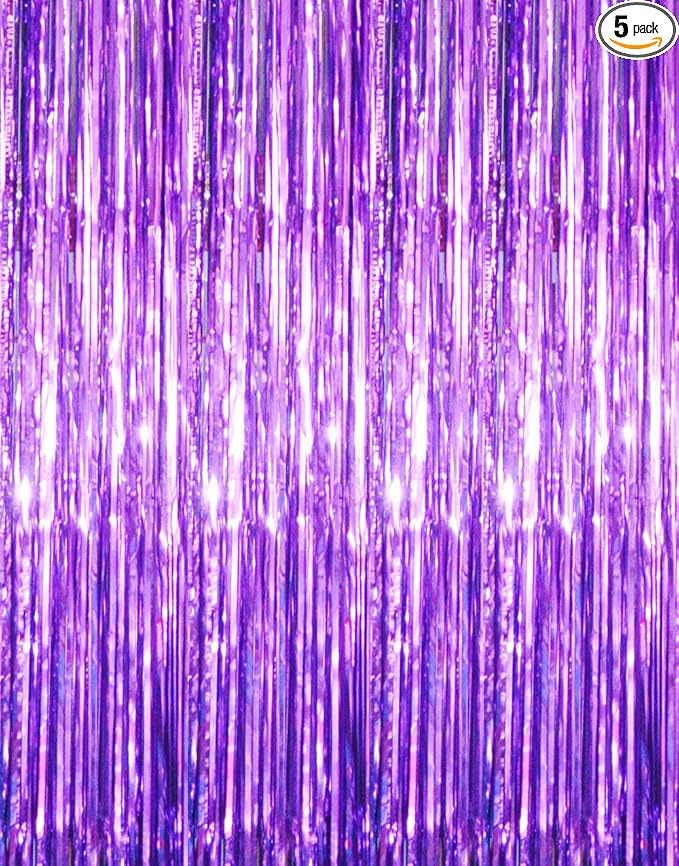 GOER 3.2 ft x 8.2 ft Metallic Tinsel Foil Fringe Curtains Party Photo Backdrop Party Streamers for Halloween Birthday,Graduation,New Year Eve Decorations (5 Packs,Purple)