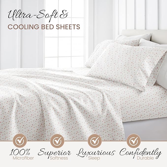 Linen Market Patterned Microfiber King Sheet Set 4 Piece – Oeko-TEX Certified Ultra Soft & Wrinkle-Free - 16" Deep Pocket Sheets - Easy Care King Size - Soft Floral Pink