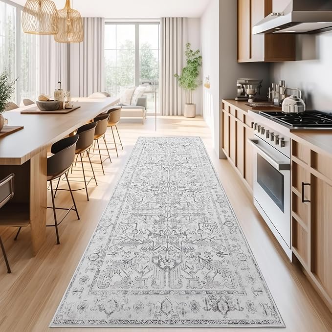 jinchan Lima Kitchen Runner Rug 3x7 - Vintage Floral Machine Washable Non-Slip Hallway Runner Rug with Rubber Backing Ultra-Thin Carpet for Bedroom Laundry Room Farmhouse (3x7ft, Grey)