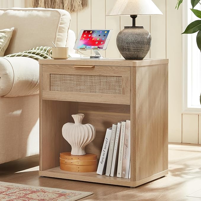 LEYAOYAO Rattan Dresser and Nightstand Set of 2, Boho Wood Dresser for Bedroom with 6 Drawers and Night Stand with Charging Station, Bedroom Furniture, Dressers & Chests of Drawers,Living Room,Hallway