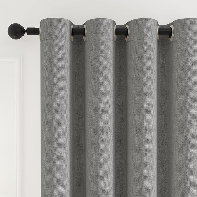 100% Blackout Curtains 102 inch Length 2 Panels for Living Room, Linen-Look Textured Room Darkening Thermal Insulated Noise Reduction Farmhouse Drapes for Bedroom (W52xL102, Grey)