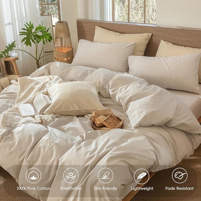 MooMee Striped Duvet Cover Set 100% Washed Cotton Linen Like Textured Breathable Durable Soft Comfy (Tannish Linen Grey White Pinstripes, Twin 68"x90")