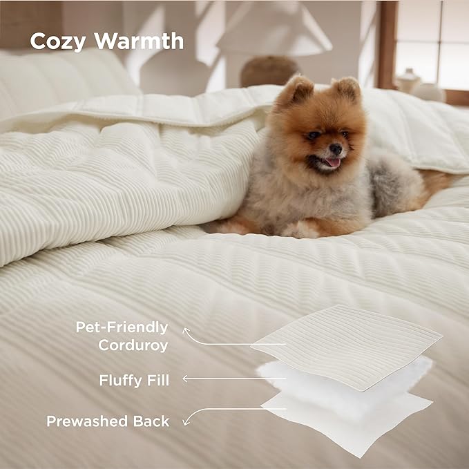 Bedsure Luxury Velvet King Size Quilt - Lightweight Velvet King Comforter Set, Oversized Corduroy Bedspread Coverlet Winter Bedding Set, Pet-Friendly, Tear-Resistant, Ultra-Soft, 106"x96", Ivory