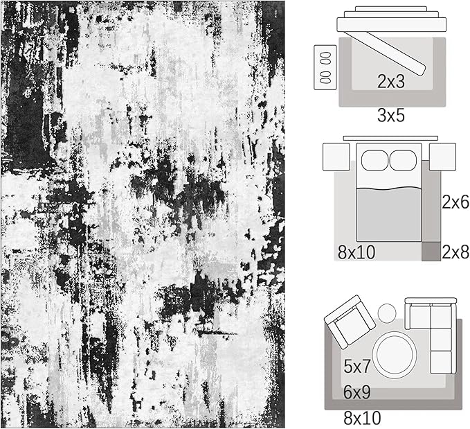Area Rugs 8x10, Modern Abstract Machine Washable Rugs for Living Room Thin Carpet Indoor Floor Non-Shedding Carpets for Bedroom Dining Room Farmhouse Home Office | Black White