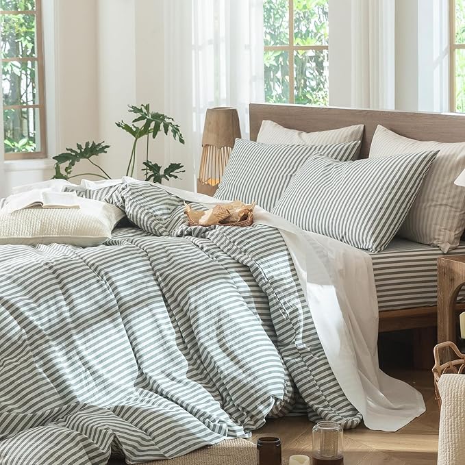 MooMee Striped Duvet Cover Set 100% Washed Cotton Linen Like Textured Breathable Durable Soft Comfy (Heathered Green Classic Stripes, Full 80"x90")
