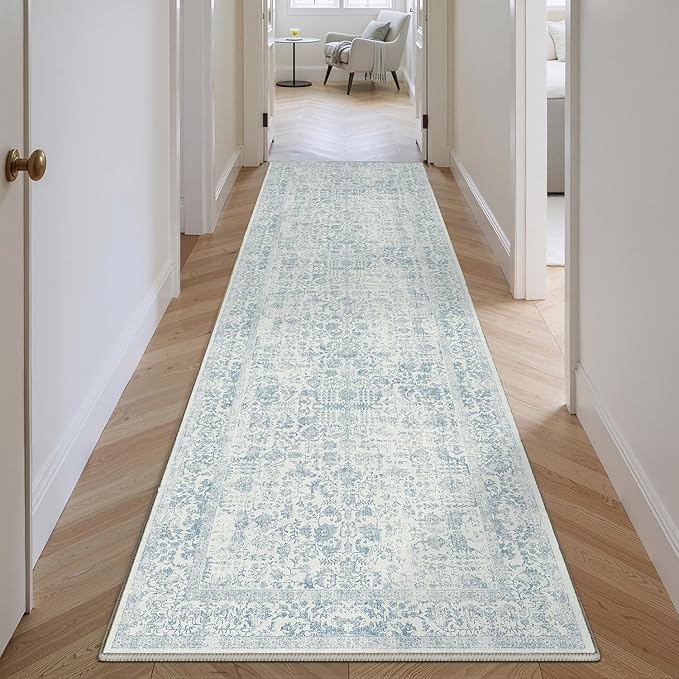 Blue Runner Rug 3x12 Hallway Machine Washable Kitchen Vintage Distressed Non Slip Long Carpet Indoor Retro Floral Bedroom Accent Throw Rug for Bathroom Office Laundry Dining Room