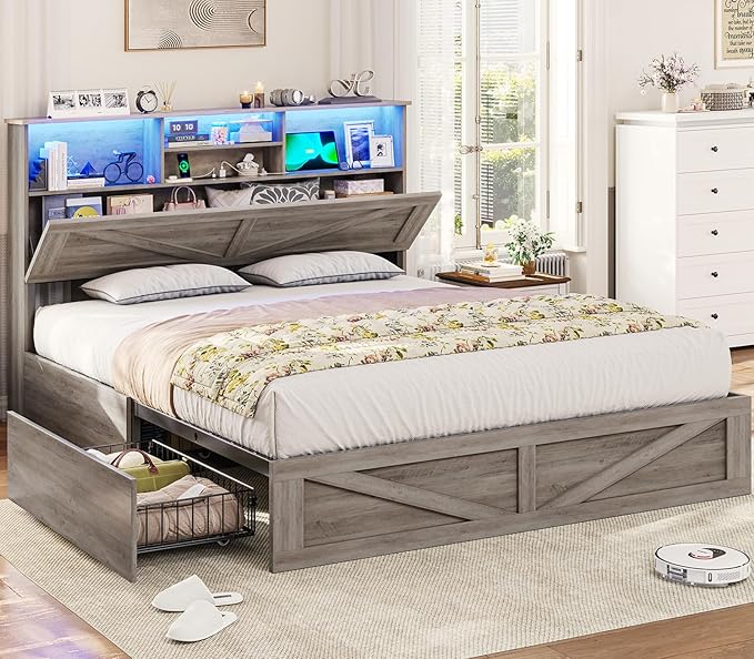 VIAGDO Farmhouse Bed Frame Queen Size with Bookcase Storage Headboard, Charging Station and LED Lights, Wooden Queen Bed Frame with 4 Drawers, Barn Door Design, No Box Spring Needed, No Noise, Grey
