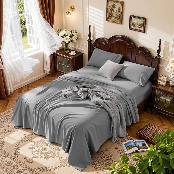 LBRO2M 1000 Thread Count 100% Cotton Sheets Set,California King Size Bed Sheet 4 Piece Sets,Long Staple,16 Inches Deep Pocket,All Season,Bedding Super Soft Comforterble Breathable,Sateen(Grey)