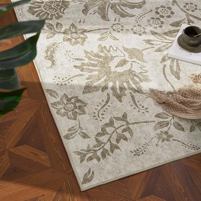 jinchan Torino Runner Rugs 2x5 - Vintage-Inspired Floral Neutral Design Machine Washable Non-Slip Ultra-Thin Low-Pile Rubber Backing Runner Rug for Kitchen Hallway Laundry Room Entryway Taupe