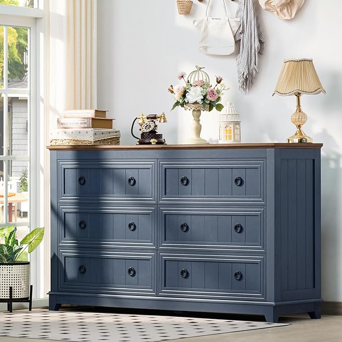 Bedroom Dresser and Nightstand Sets 4 Piece, Farmhouse 6 Drawers Dresser & 40.5" Tall Chest of Drawers, 18" Nightstands Set of 2, 54" Wide Furniture Dressers for Bedroom, Living Room, Blue