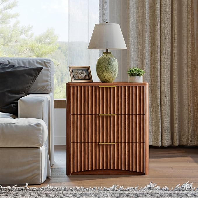 Evermagin Fluted Nightstand, Walnut Bedside Table with 3 Drawers, Wood End Table with Storage Mid Century Modern, Large Night Stand for Bedroom
