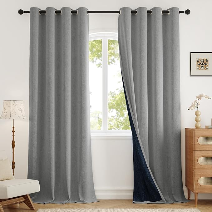 100% Blackout Extra Long Curtains 120 inch Length 2 Panels for Living Room, Linen-Look Textured Room Darkening Thermal Insulated Noise Reduction Drapes for Bedroom (W52xL120, Grey)