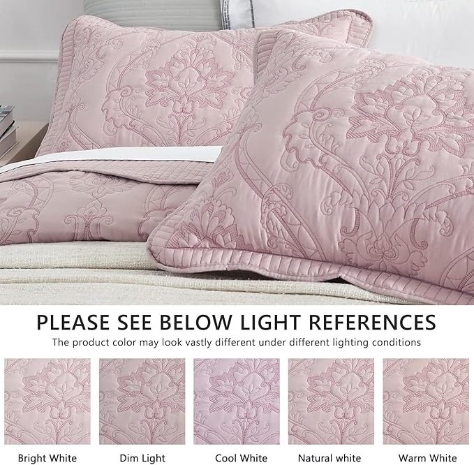 CHIXIN Bedspread Coverlet Set Queen Size - Lightweight Bedding Cover - Beautiful Stitching - 5 Piece Reversible Bedspread - Gorgeous Damask Paisley Pattern (Queen, Pale Rose)