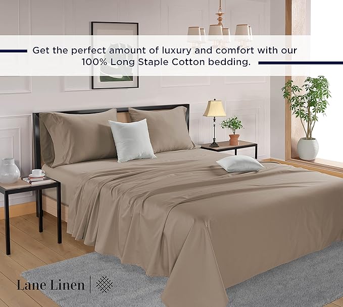 LANE LINEN 600 Thread Count 100% Cotton Sheets California King Size, Machine Washable Fully Elasticized Sofy & Comfy Low Pilling Cal Kings Sheets, Fade Resistant, Reinforced Fitted Pockets- Taupe
