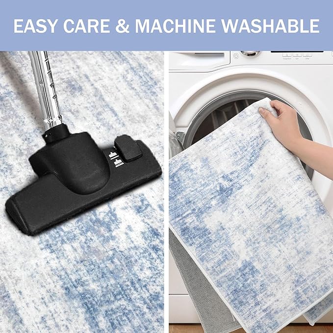 IOHOUZE Abstract Runner Rug 3x8 Ft Washable Runners for Hallways, Non Slip Kitchen Runner Printed Faux Wool Entryway Runner Indoor, Modern Abstract Floor Carpet for Hall Bedroom, Light Blue White