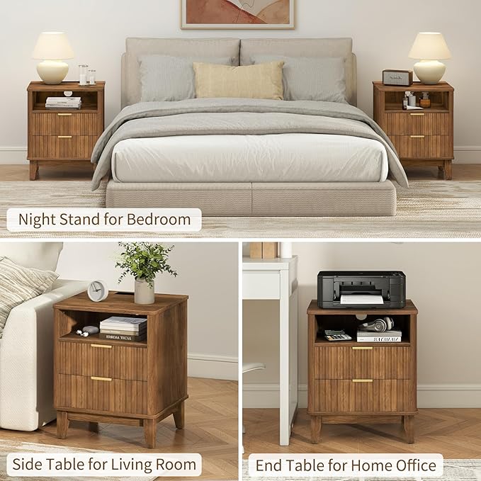 Night Stand Set of 2 with Charger Station, Fluted Nightstand with Drawers and Storage Shelf, Mid Century Modern Bedside Table Nightstands, Large Bed Side Table Wood Night Stands for Bedroom