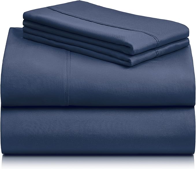 LuxClub 4 PC Full Sheet Set, Deep Pockets Wrinkle Free Cooling Bed Sheets Hotel Bedding for Women, Men, Kids & Teens, Includes 1 Fitted Sheet, 1 Flat Sheet and 2 Pillowcases-Soft Navy