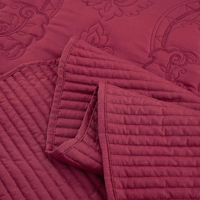 CHIXIN Oversized Bedspread Coverlet Set King Size - Lightweight Bedding Cover - Beautiful Stitching - 5 Piece Reversible Bedspread - Gorgeous Damask Paisley Pattern (King, Wine Red)
