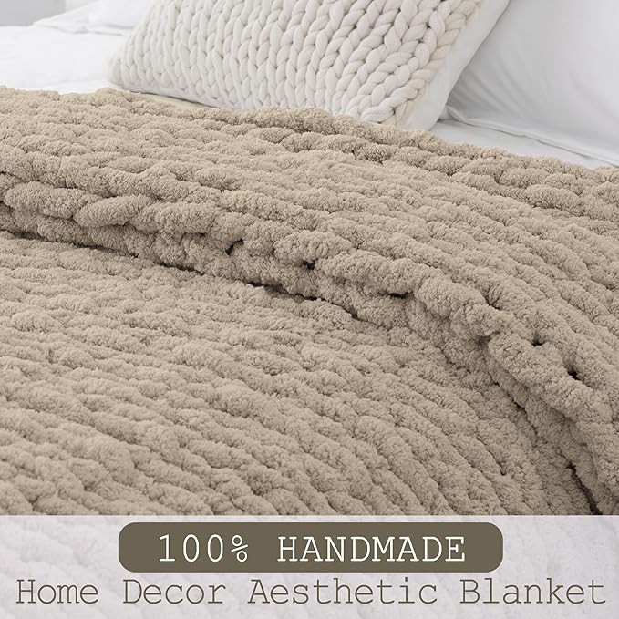 Chunky Knit Throw Blanket 50"X 60", 100% Handmade with Soft Chenille Yarn, 4.4lbs Thick Cable Knitted Blankets, Large Rope Knot Crochet Throws for Couch Sofa Bed Home Decor, Taupe