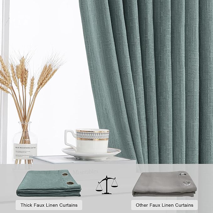 Jacquard Linen Curtains 96 inch Length 2 Panels Thick Faux Linen Blended Window Drapes Burlap Textured Curtains with Grommet for Living Room Bedroom Farmhouse (52x96 Lake Blue) Natural
