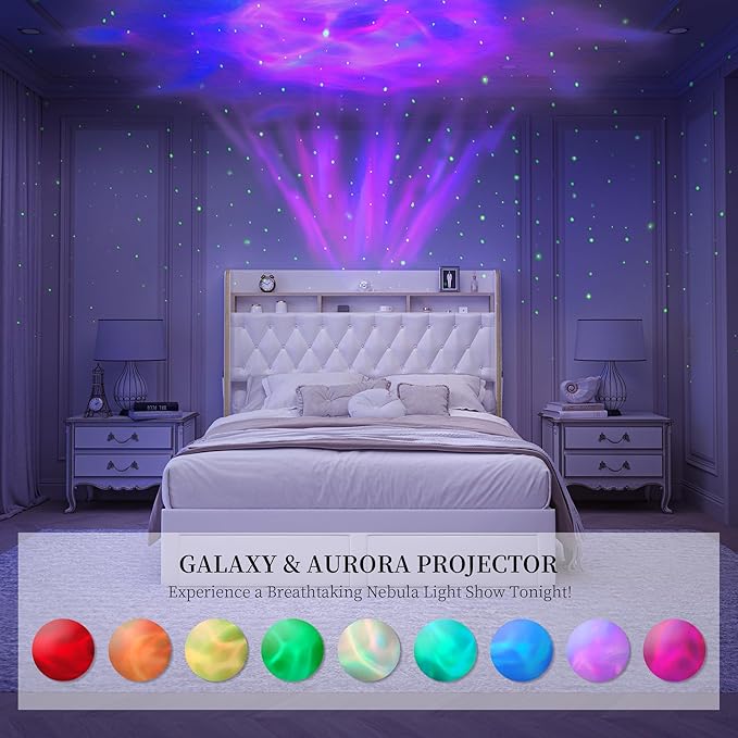 Queen LED Bed Frame with 2 Storage Drawers, PU Upholstered Platform Beds with Galaxy Star Projector Charging Station Speaker, Aurora Bedframe with 2-Tier Storage Headboard, Noise-Free, White