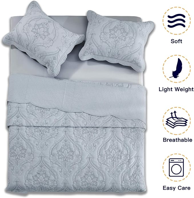 CHIXIN Oversized Bedspread Coverlet Set King Size - Lightweight Bedding Cover - Beautiful Stitching - 5 Piece Reversible Bedspread - Gorgeous Damask Paisley Pattern (King, Light Grey)