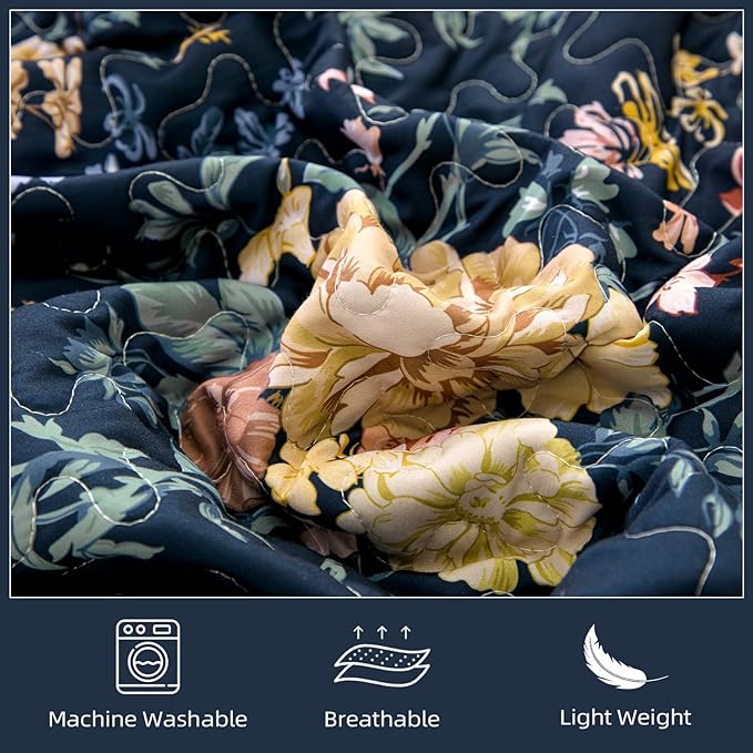 WONGS BEDDING Quilt Queen Size, Navy Blue Quilt Bedding Set with 2 Pillowcases, Botanical Quilt for Queen Bed, Soft Microfiber Lightweight Coverlet Bedspread for All Season (96"×90", 3 Pieces)