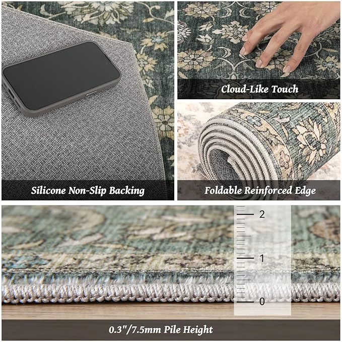 Washable 8x10 Area Rugs for Living Room, Boho Non-Slip Vintage Distress Large Rugs for Bedroom Dining Room Nursery Office, 0.3" Neutral Oriental Throw Thin Carpet, Sage Green/Blue/Multi