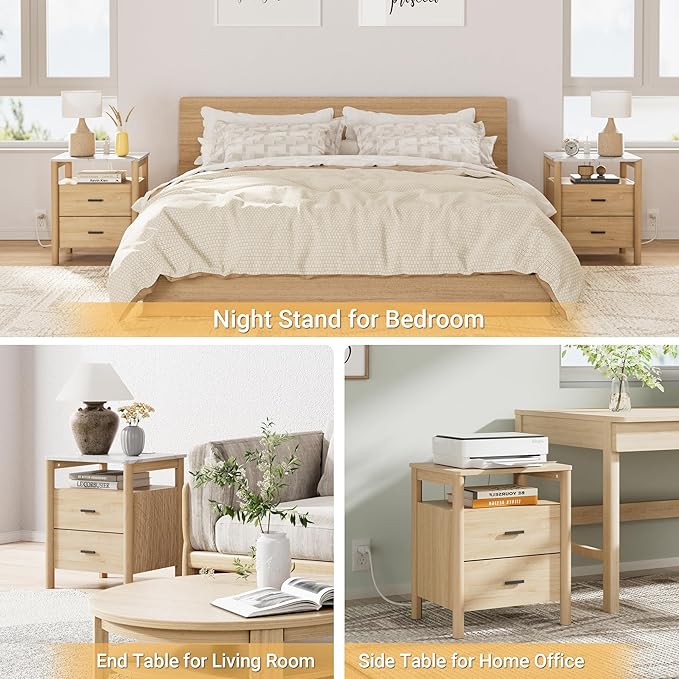 FavourLife Night Stand Set 2, 20" Wide Nightstands Set of 2, Nightstand with Charging Station & Faux Marble Top, 2 Drawer End Table with Solid Round Post Legs, Bedside Table for Bedroom, Natural Oak