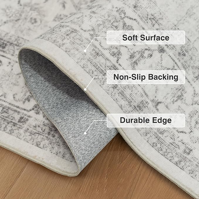 FMFUNCTEX 8x10 Washable Area Rug Grey Vintage Neutral Distressed Large Non Slip Carpet for Living Room Bedroom Soft Low Pile Indoor Mat Retro Floral Throw Rug for Dining Room Kitchen Office Nursery