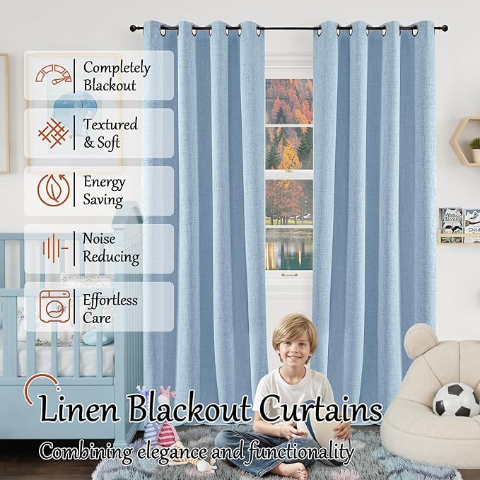 Baby Blue Linen Blackout Curtains for Nursery 90 Inch Length 2 Panels Set, Thermal Insulated Boho Total Black Out Noise Reducing Bonzer Grommets Window Curtains for Kids Bedroom, Each 52 Inch Wide