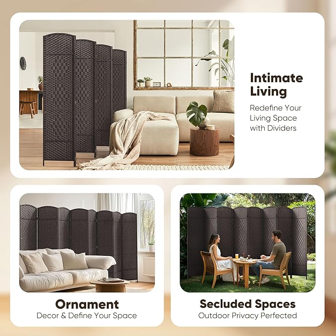 JOSTYLE Room Divider 6ft. Tall Extra Wide Privacy Screen, Folding Privacy Screens with Diamond Double-Weave Room dividers and Freestanding Room Dividers Privacy Screens(Espresso, 8-Panel)