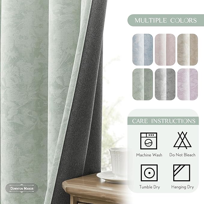 Beauoop Green Floral Jacquard Blackout Curtains 90 Inches Long 2 Panels for Bedroom Living Room Sage Flower Chenille Room Darkening Thermal Insulated Soundproof Grommet Window Treatments Drapes, 52x90
