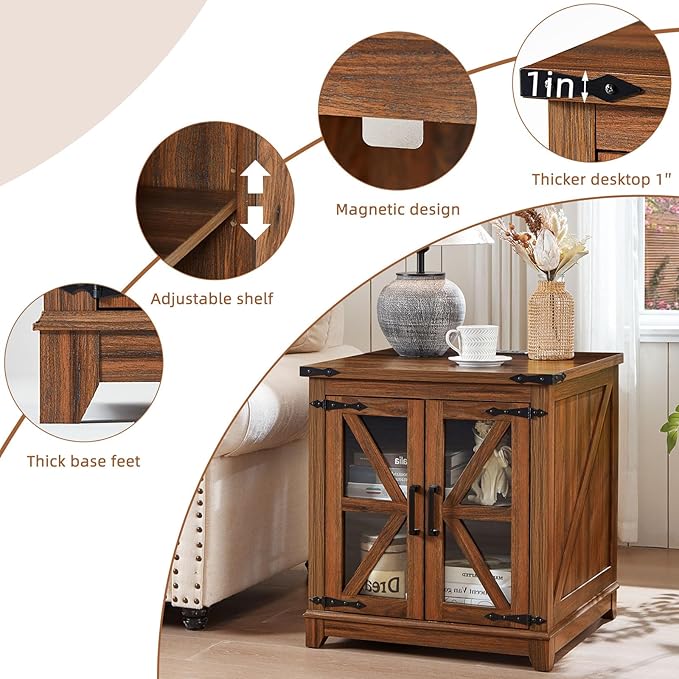 Farmhouse End Table Set 2, Narrow 18'' Night Stand with Glass Barn Door, 24" Square Side Table with Charger Station, Living Room Furniture Sets, Wood Nightstand Bedside Tables for Bedroom