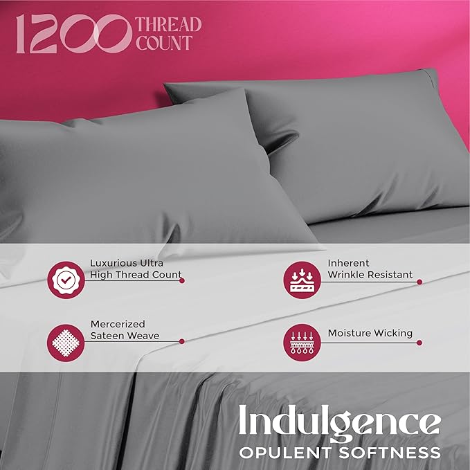 Mayfair Linen 100% Egyptian Cotton Bed Sheets - Luxury 1200 Thread Count Egyptian Cotton Sheets, Soft, Cooling, 17" Deep Pocket Sateen Weave Bedding - 4 PC, Full Dark Grey