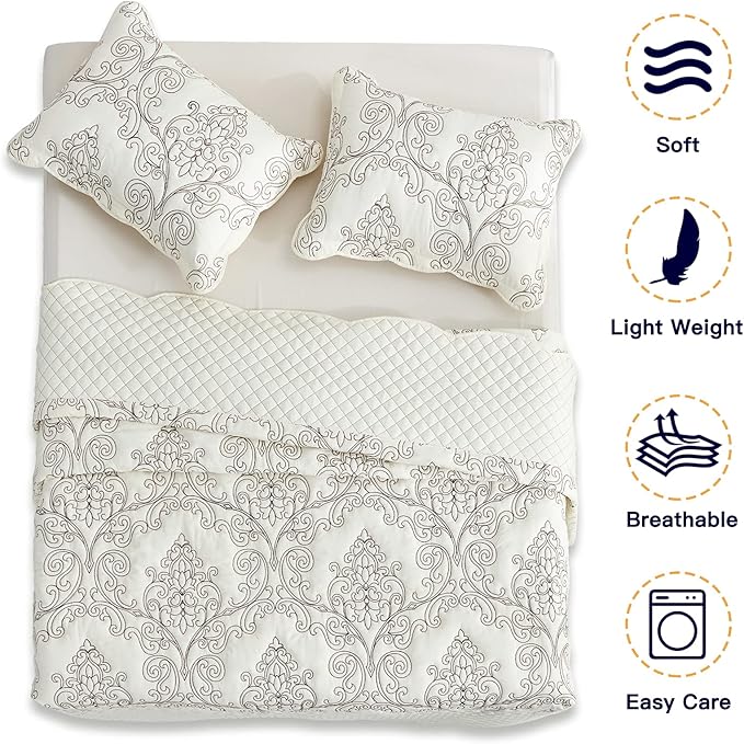 CHIXIN Bedspread Coverlet Set Queen Size - Lightweight Bedding Cover - Beautiful Stitching - 5 Piece Reversible Bedspread - Luxury Damask Paisley Pattern (Queen, Ivory)