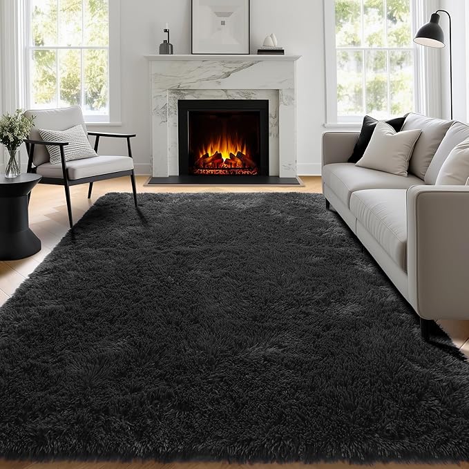 PAGISOFE Fluffy Shaggy Washable Area Rug for Living Room 5x8 Ft,Soft Fuzzy Rugs for Bedroom Shagg Carpet for Kids Girls Boys Dorm Room Furry Rugs for Nursery Playroom Fluffy Toddler Room Rug Black