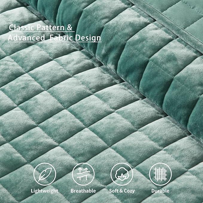 LEAONME Velvet Quilt King Size-98''x106'', Lightweight Aqua Green Velvet Comforter Set with 2 Pillow Shams, Soft Bedspread Coverlet Quilted Bedding Set for All Season