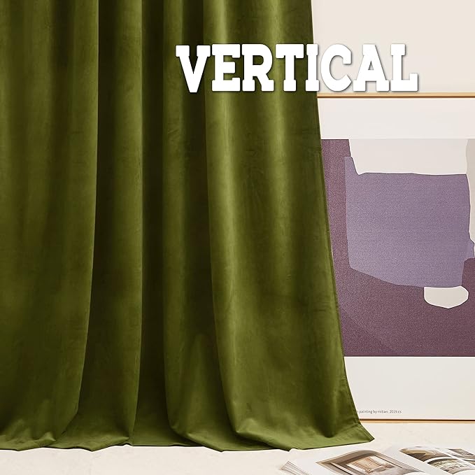 RYB HOME Velvet Curtains 63 inches Length, Back Tab & Rod Pocket Soft Fabric Curtains & Drapes for Bedroom Bathroom Cafe, Moss Green, W 42 x L 63, 2 Panels Set